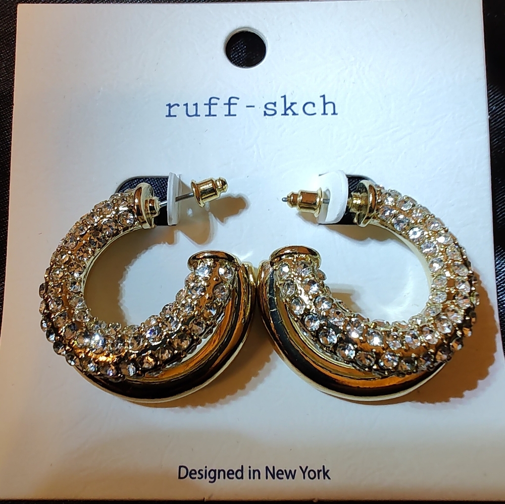 New With Tag Ruff-Skch Gold Tone Crystal Hoop Earrings. Gorgeous!!!
